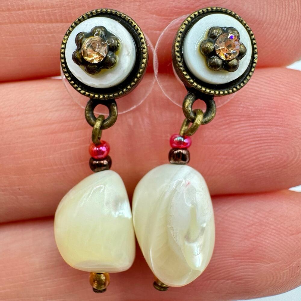 Carved Mother Of Pearl MOP Earrings Crystal Drop Victorian Revival Dainty Small